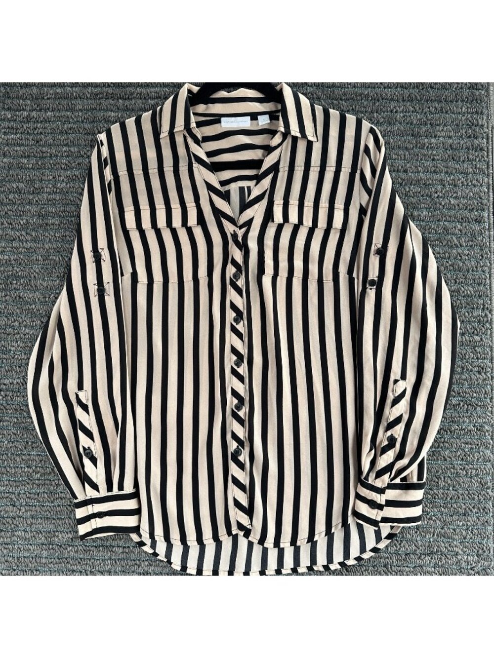 New York & Co Cream Black Stripe Semi Sheer Button Up Blouse Roll Tab Medium